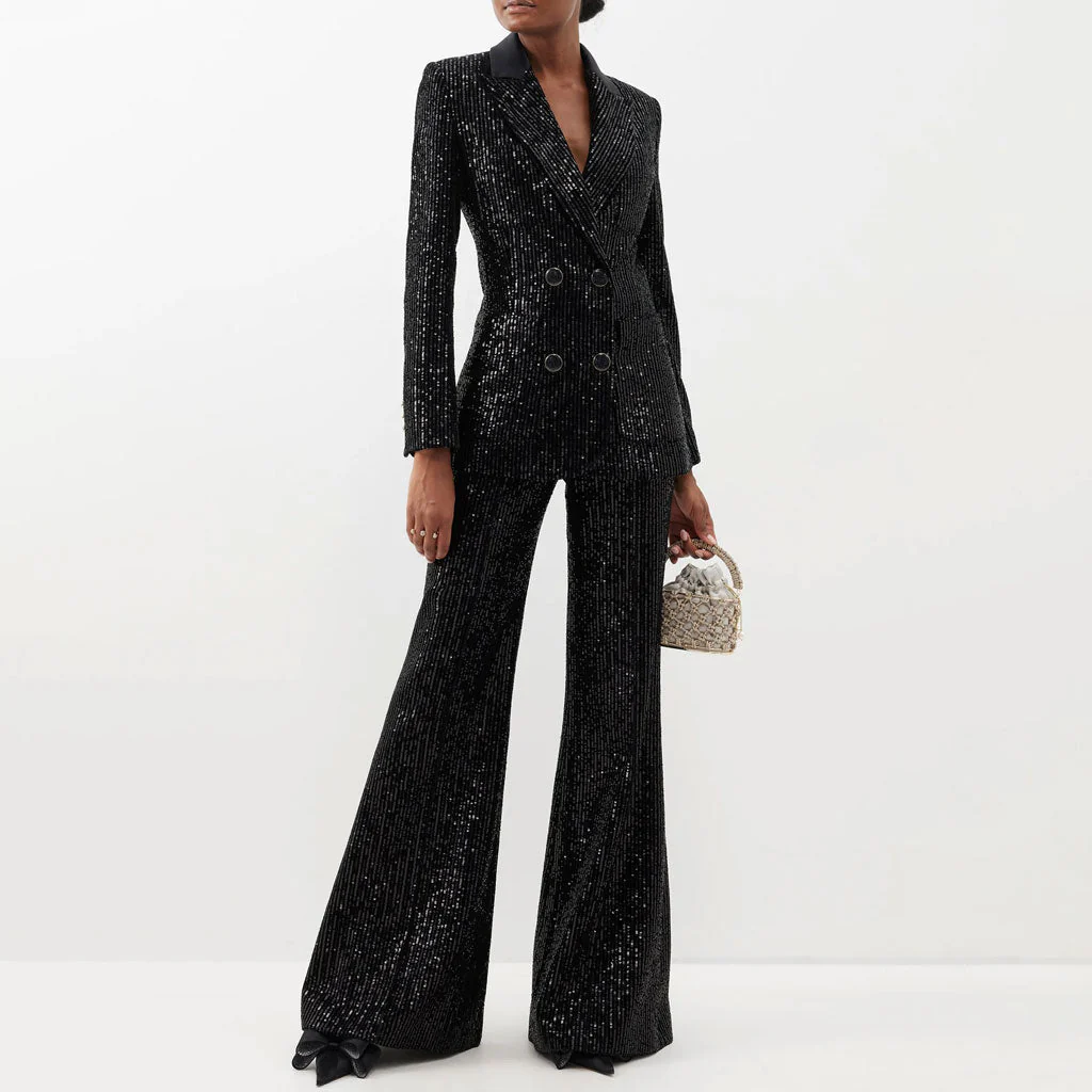 Lavish Flare Suit Pant Peak Lapel Double Breasted Sequin Blazer Matching Set