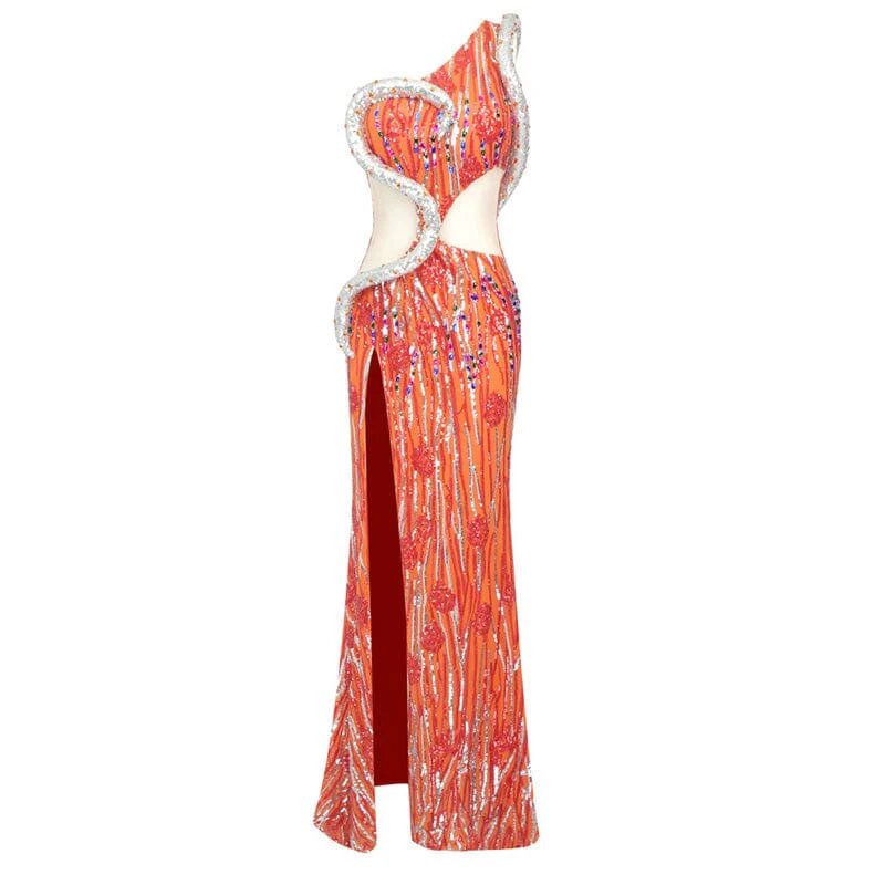 Lavish One Shoulder Rhinestone Detail Silver Snake Split Sequin Maxi Evening Dress - Image 4