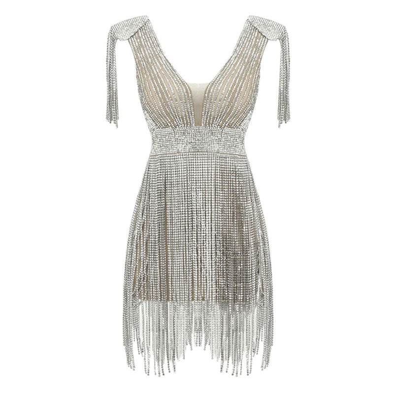 Lavish Plunging Neck Tassel Shoulder High Waist Crystal Fringe Mini Dress - Image 4