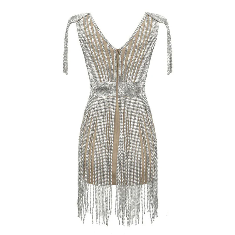 Lavish Plunging Neck Tassel Shoulder High Waist Crystal Fringe Mini Dress - Image 5