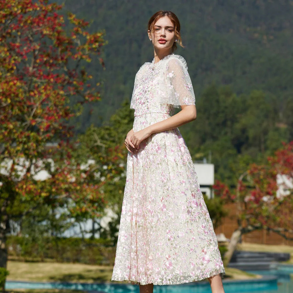 Lavish Short Sleeve Frill Neck A Line Summer Embroidered Floral Tulle Maxi Dress - Image 3