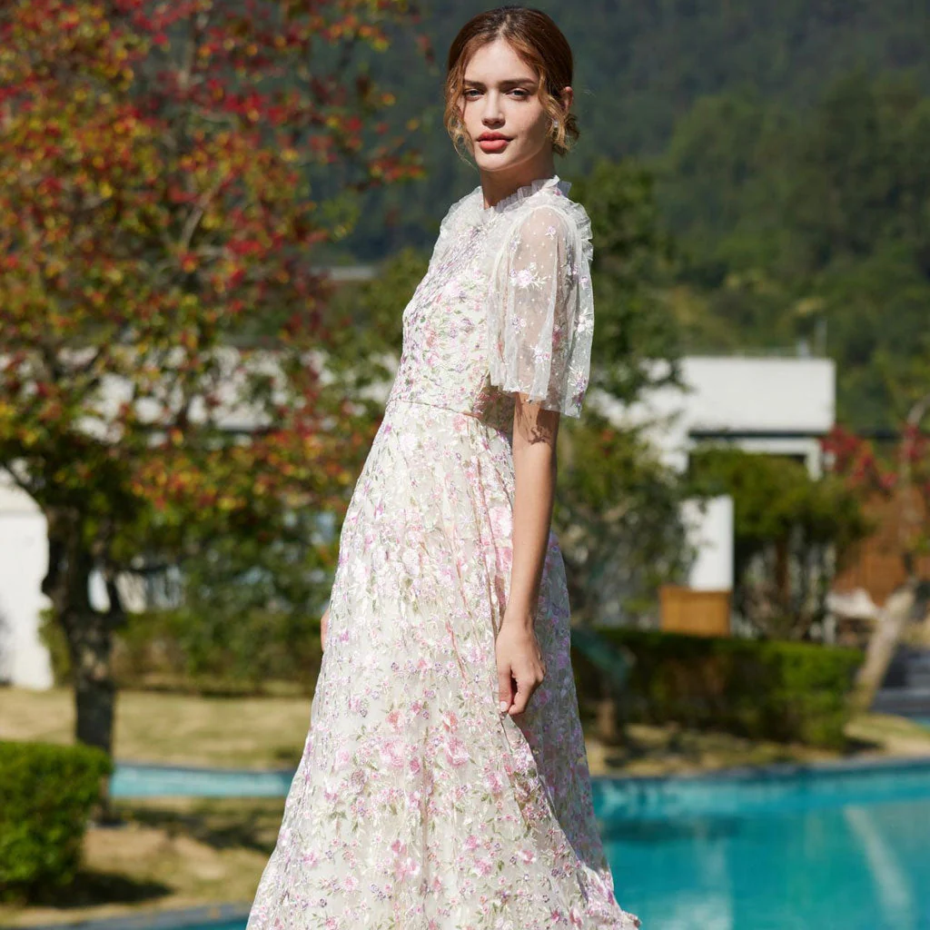 Lavish Short Sleeve Frill Neck A Line Summer Embroidered Floral Tulle Maxi Dress - Image 4
