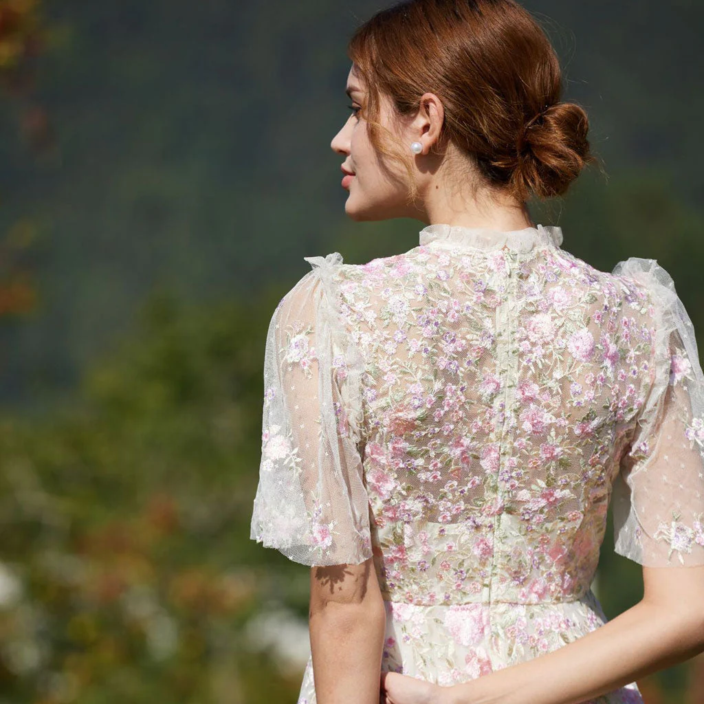 Lavish Short Sleeve Frill Neck A Line Summer Embroidered Floral Tulle Maxi Dress - Image 6