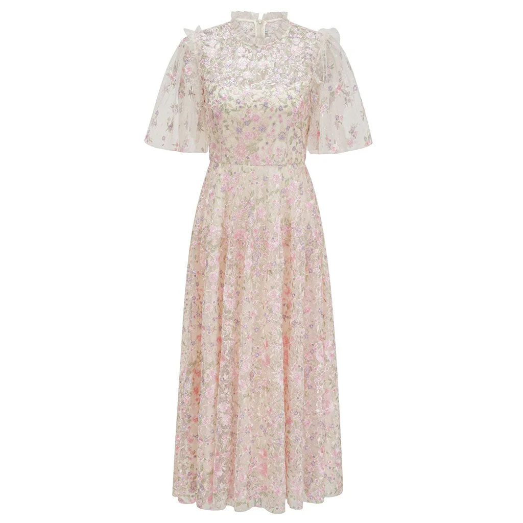 Lavish Short Sleeve Frill Neck A Line Summer Embroidered Floral Tulle Maxi Dress - Image 7
