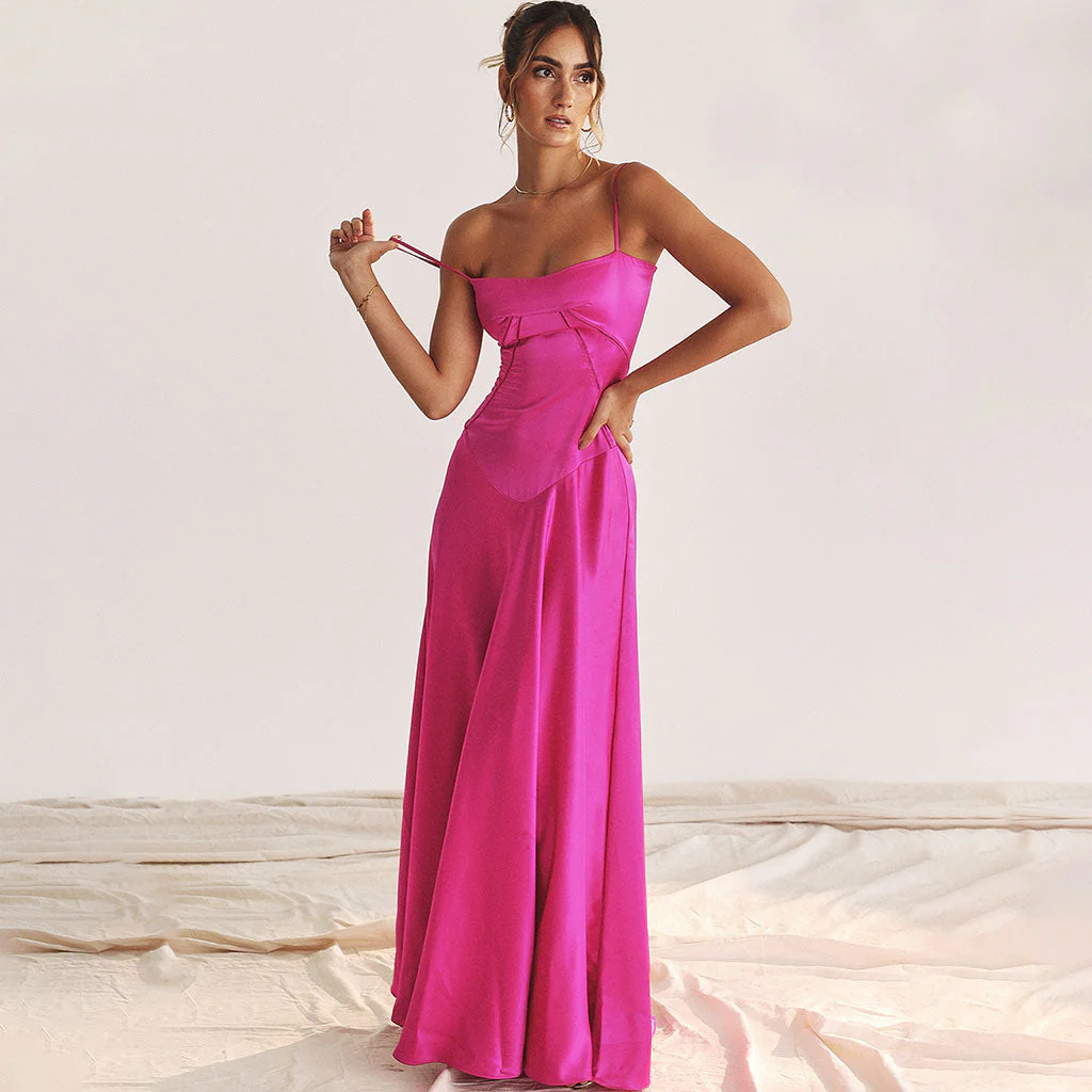 Lavish Square Neck Lace Up Back Drop Waist Flared Silky Satin Maxi Evening Dress - Image 2