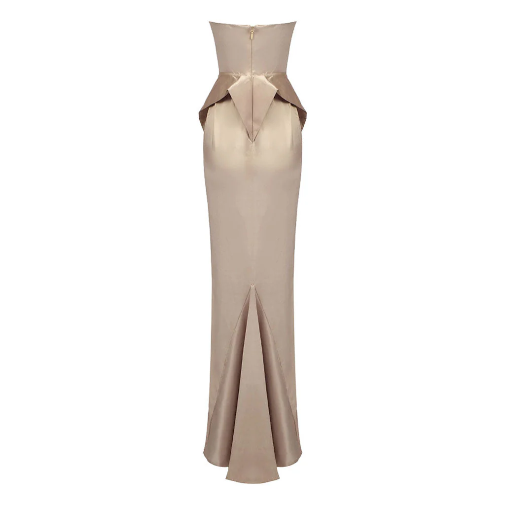 Lavish Strapless Peplum Silky Satin Maxi Mermaid Hem Evening Dress - Image 7