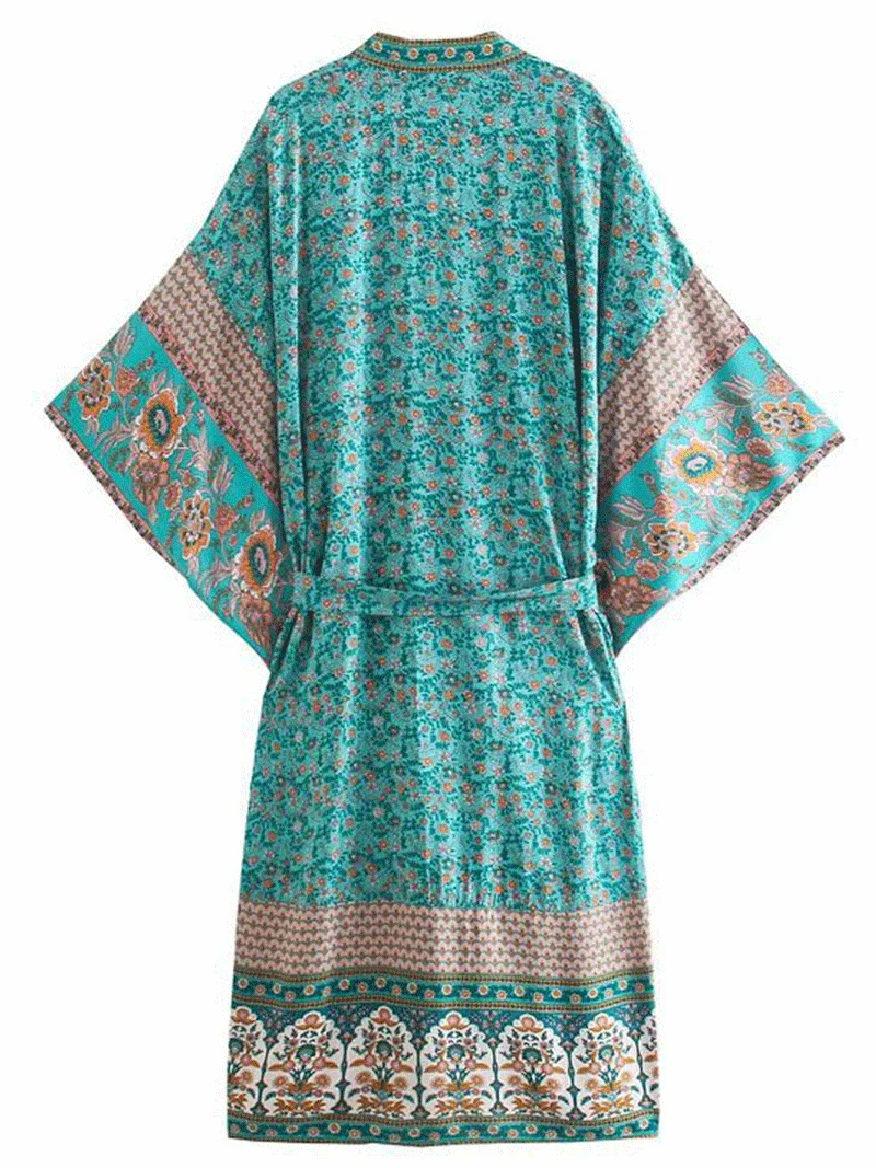 Nightwear Kimono Robe Duster Floral Print Blue Cotton Long Length Kimono - Image 3
