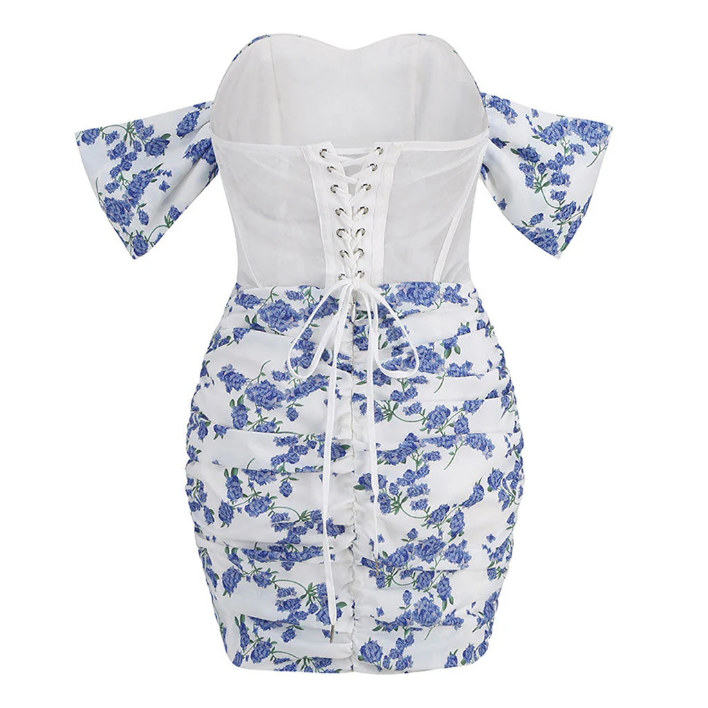 Lively Floral Draped Off Shoulder Lace Up Back Sheer Corset Ruched Mini Party Dress - Image 2