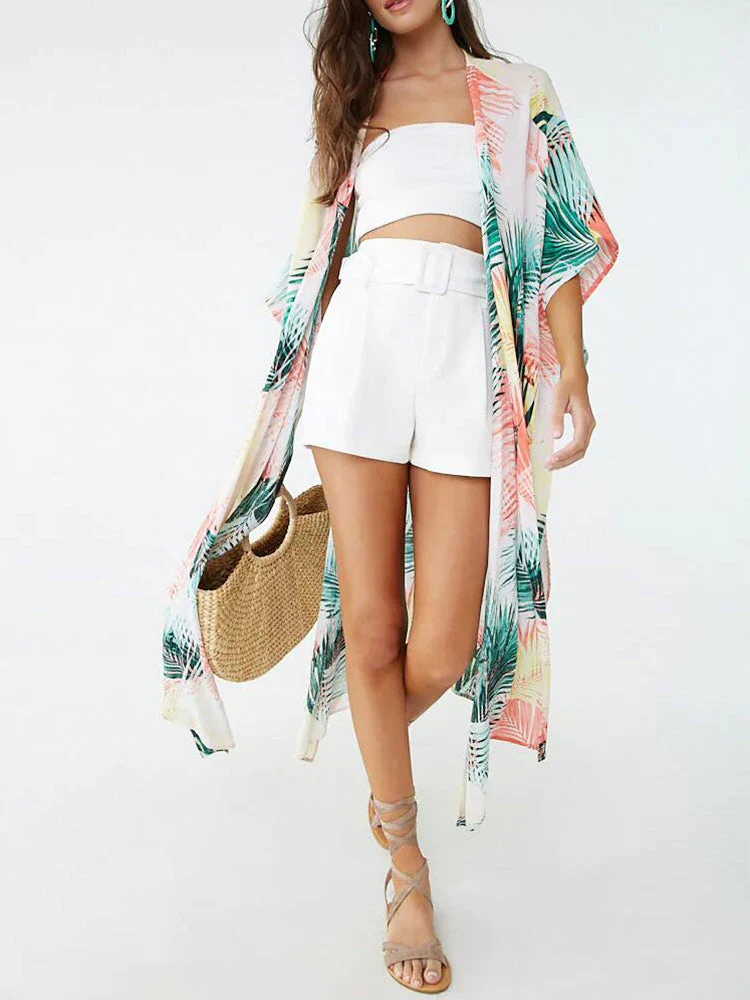 Picnic Partywear Leaf Print Beige Color Cotton Long Length Gown Kimono Duster Robe - Image 3