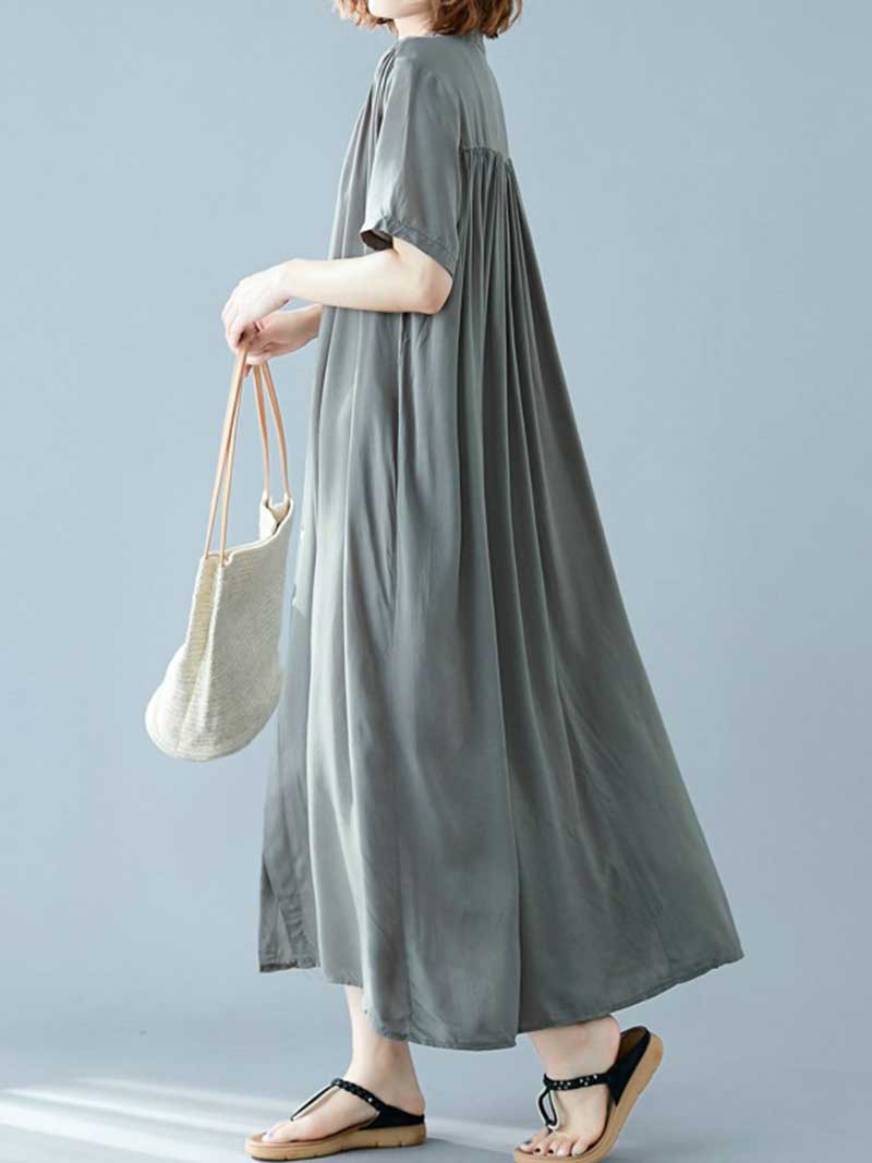 Long Cotton Front Button Cotton Shirt Dress (Navy Blue - Army Green - Brown) - Image 11