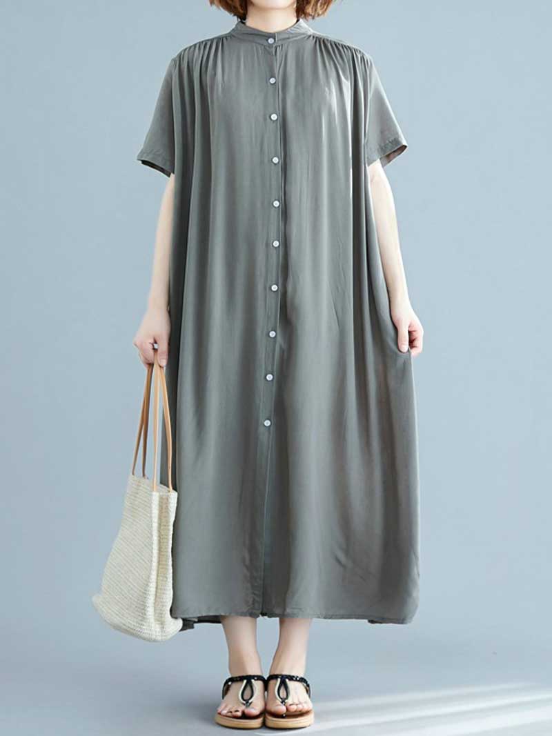 Long Cotton Front Button Cotton Shirt Dress (Navy Blue - Army Green - Brown) - Image 12