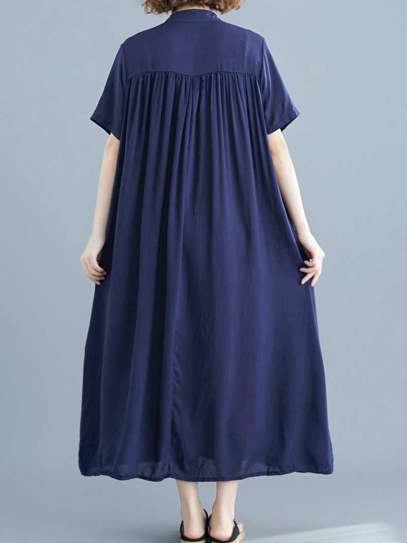 Long Cotton Front Button Cotton Shirt Dress (Navy Blue - Army Green - Brown) - Image 4