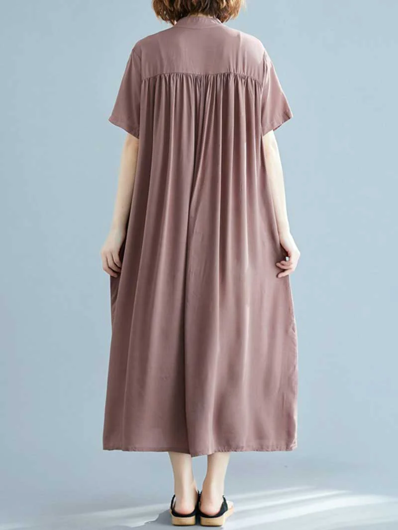Long Cotton Front Button Cotton Shirt Dress (Navy Blue - Army Green - Brown) - Image 5
