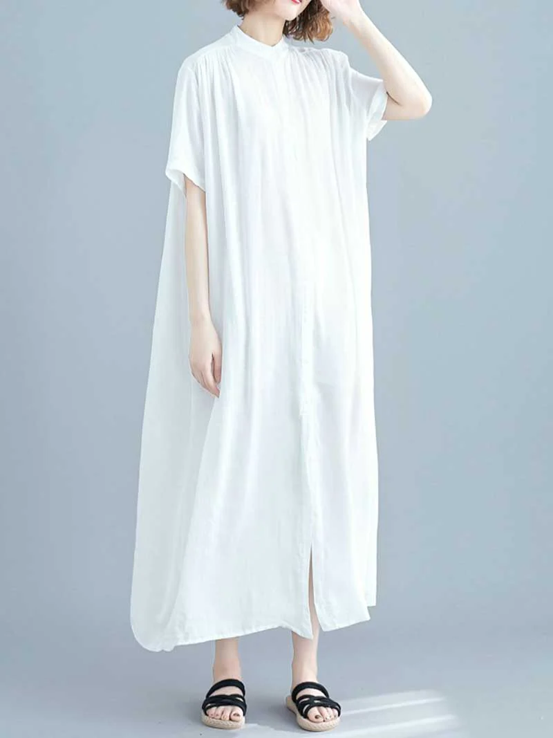Long Cotton Front Button Cotton Shirt Dress (White - Black - Grey- Apricot) - Image 12