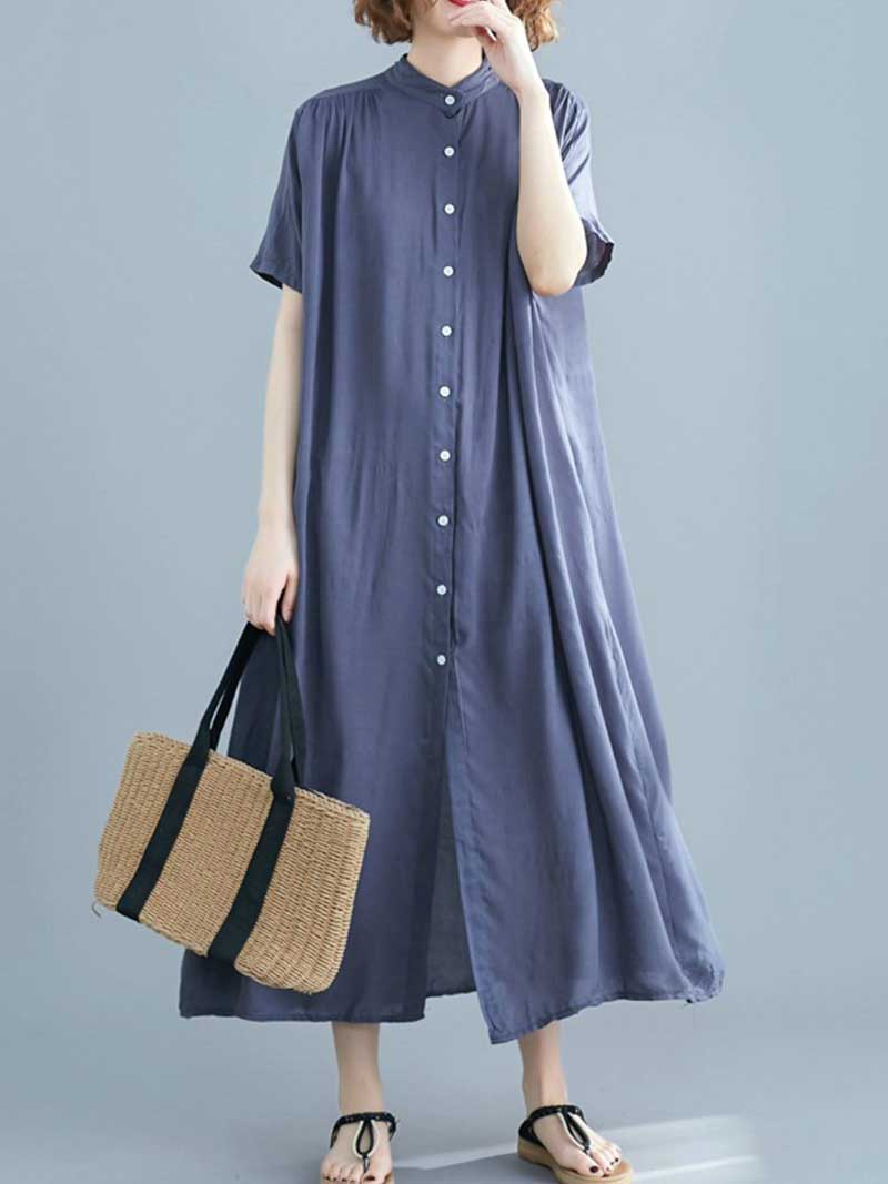 Long Cotton Front Button Cotton Shirt Dress (White - Black - Grey- Apricot) - Image 13