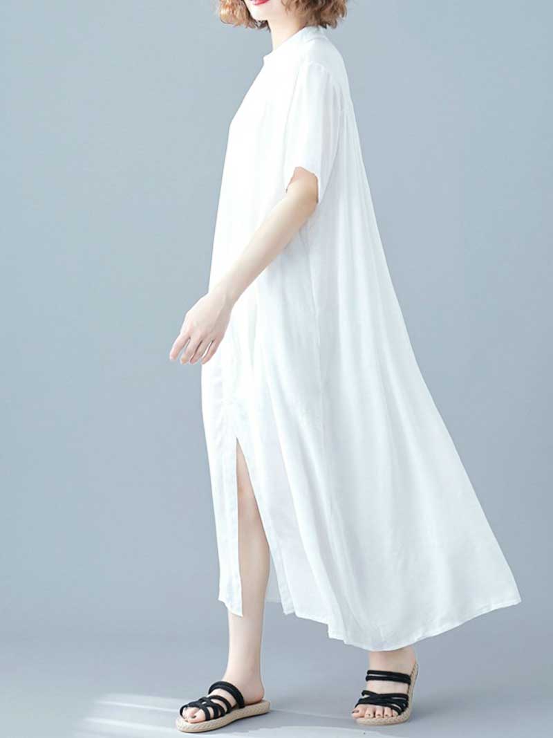 Long Cotton Front Button Cotton Shirt Dress (White - Black - Grey- Apricot) - Image 5