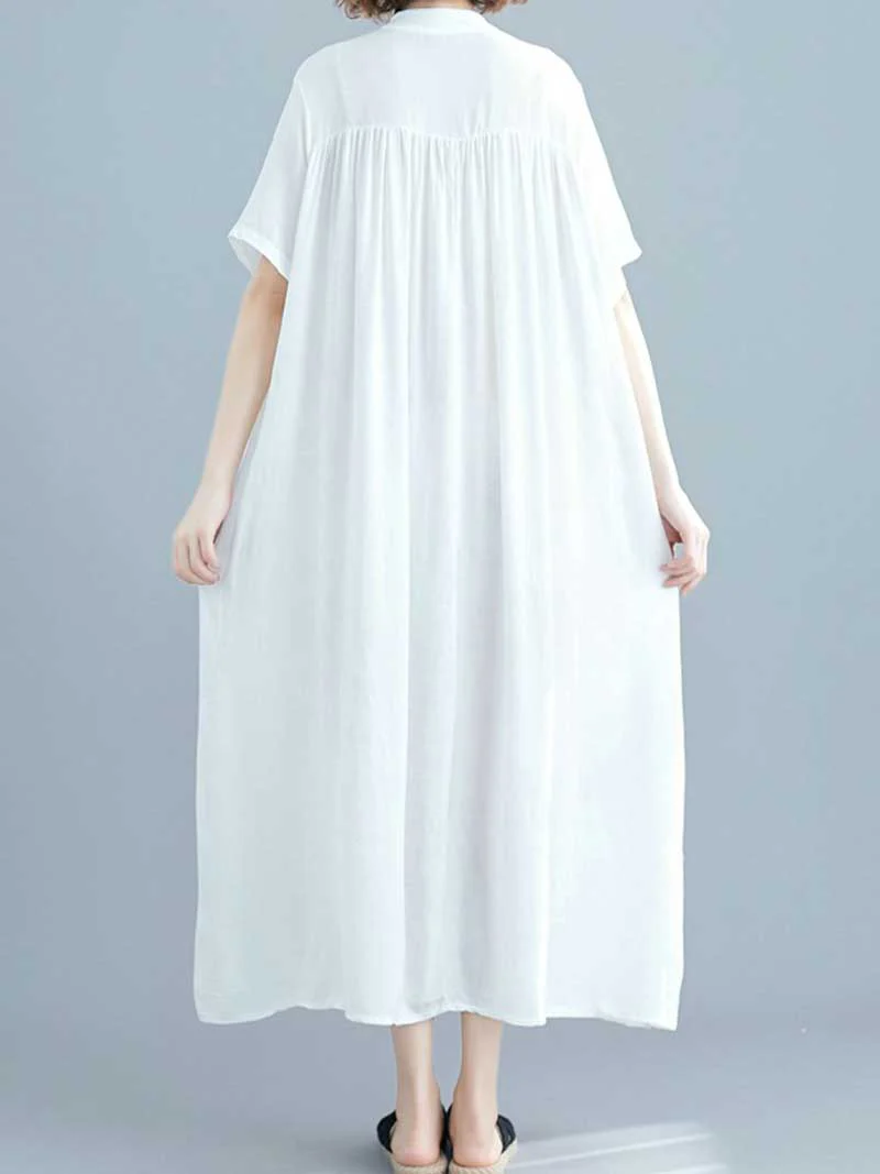 Long Cotton Front Button Cotton Shirt Dress (White - Black - Grey- Apricot) - Image 9
