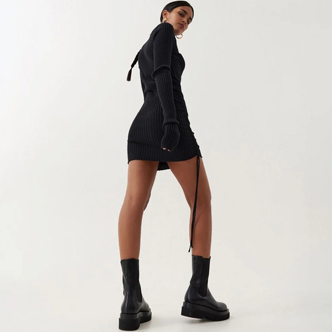 Long Sleeve Tie Side Ruched Turtleneck Sweater Mini Dress - Black - Image 3