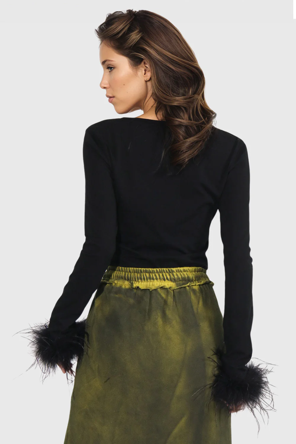 Long Sleeve top with Feather Cuffs - Black - Image 3