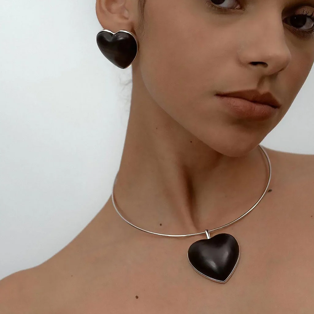 LOVE IS AROUND Enlarged Sandalwood Heart Rhodium Plated Stud Earrings - Image 3