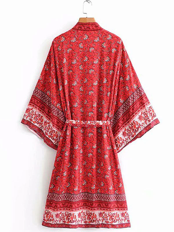 Bride To Be Floral Print Red Cotton Viscose Long Length Gown Kimono - Image 2