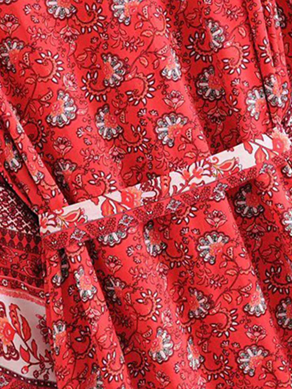 Bride To Be Floral Print Red Cotton Viscose Long Length Gown Kimono - Image 3