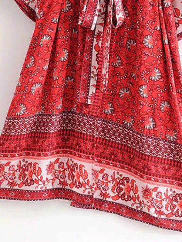 Bride To Be Floral Print Red Cotton Viscose Long Length Gown Kimono - Image 4