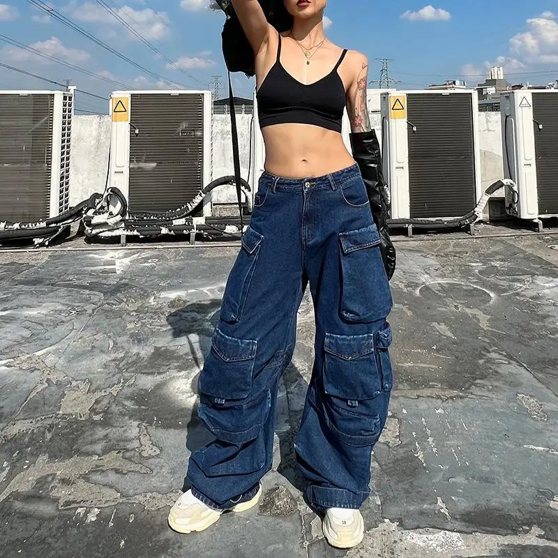 BLUE Low WaistED CARGO JEANS with Pockets - Image 2
