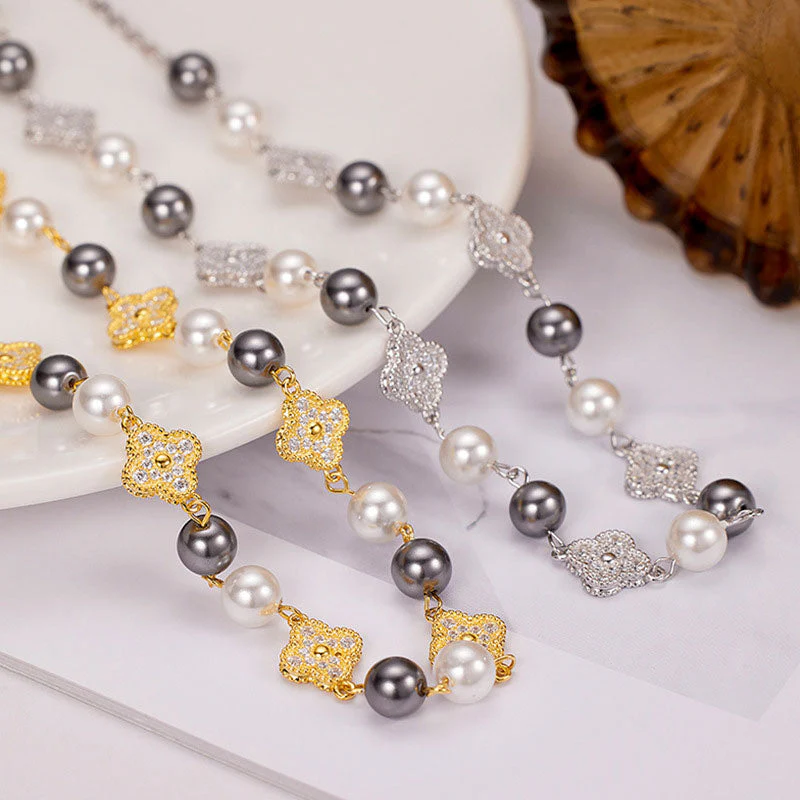 Lucky Cubic Zirconia Clover Crystal Pearl Cable Chain Bolo Slider NeckLace - Image 3