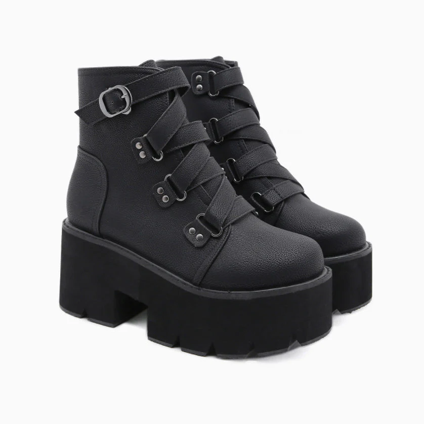 Punk Lug Sole Buckle Strap Chunky Heel Platform Boots - Black - Image 2
