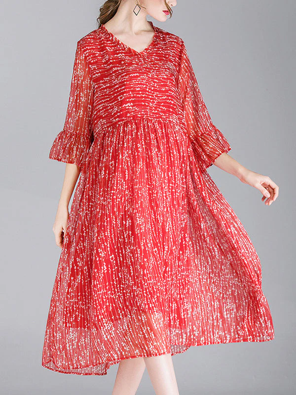 Luisa Vintage Contrasting V-neck Floral Print High Waist Midi Dress with Bell Sleeves - Image 3