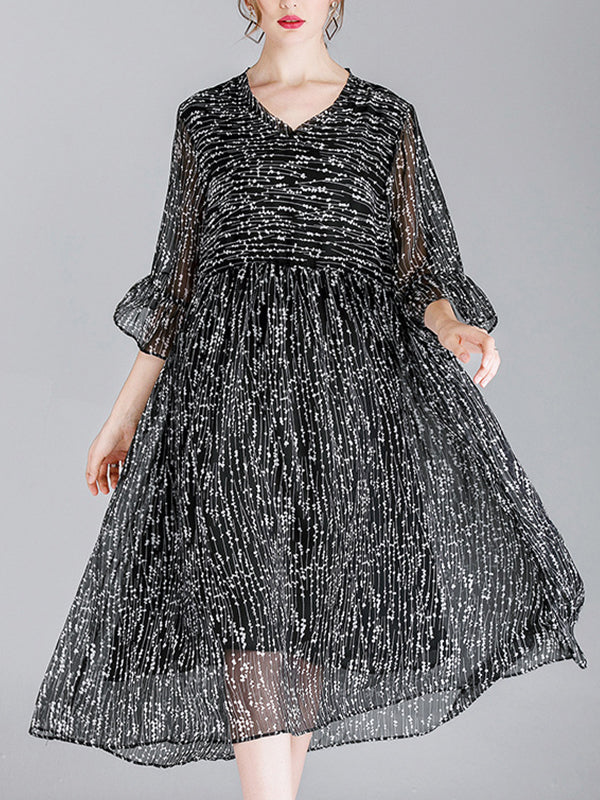 Luisa Vintage Contrasting V-neck Floral Print High Waist Midi Dress with Bell Sleeves - Image 7