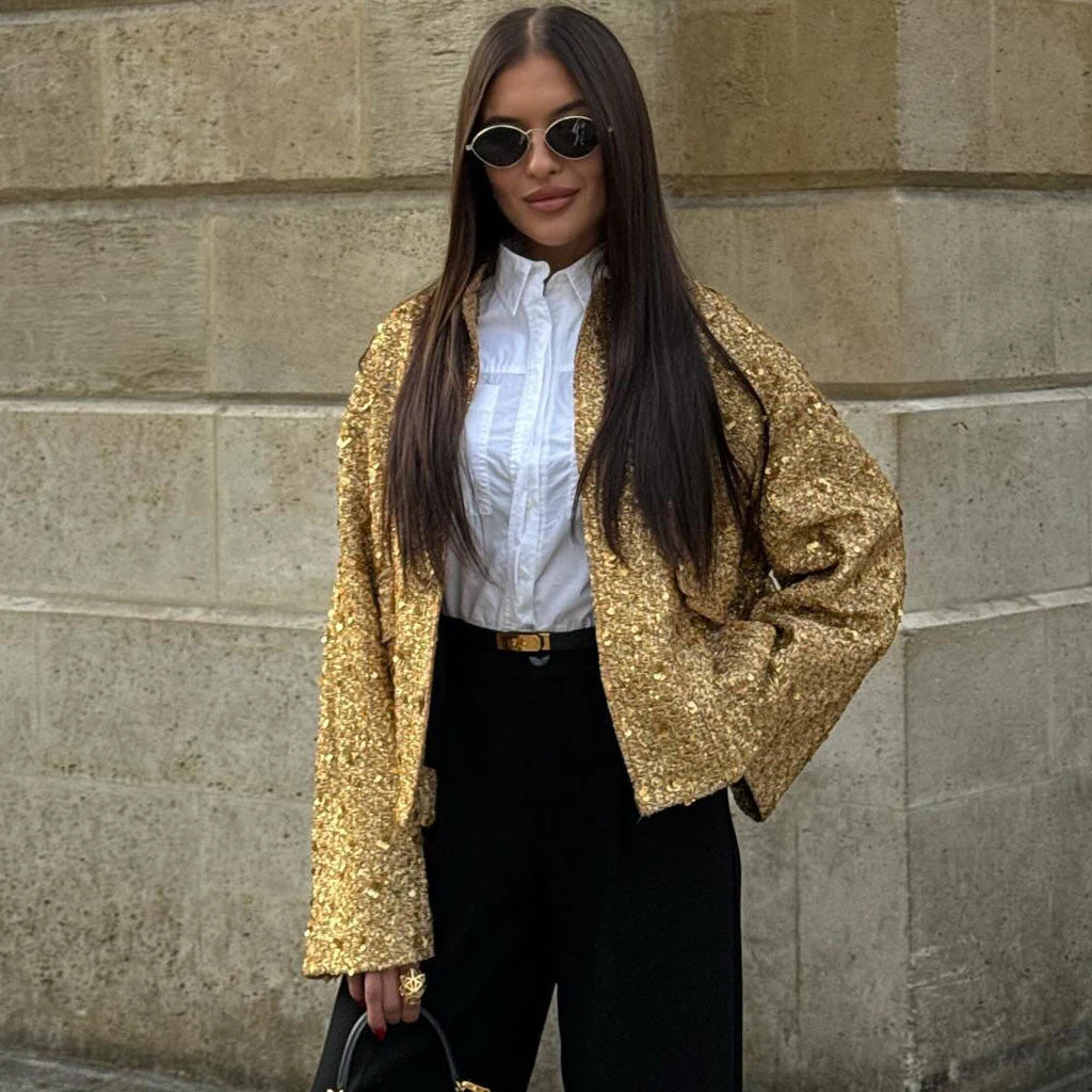 Luminous Lurex Sequin Embellished High Neck Cargo Pocket Oversized Jacket - Image 3