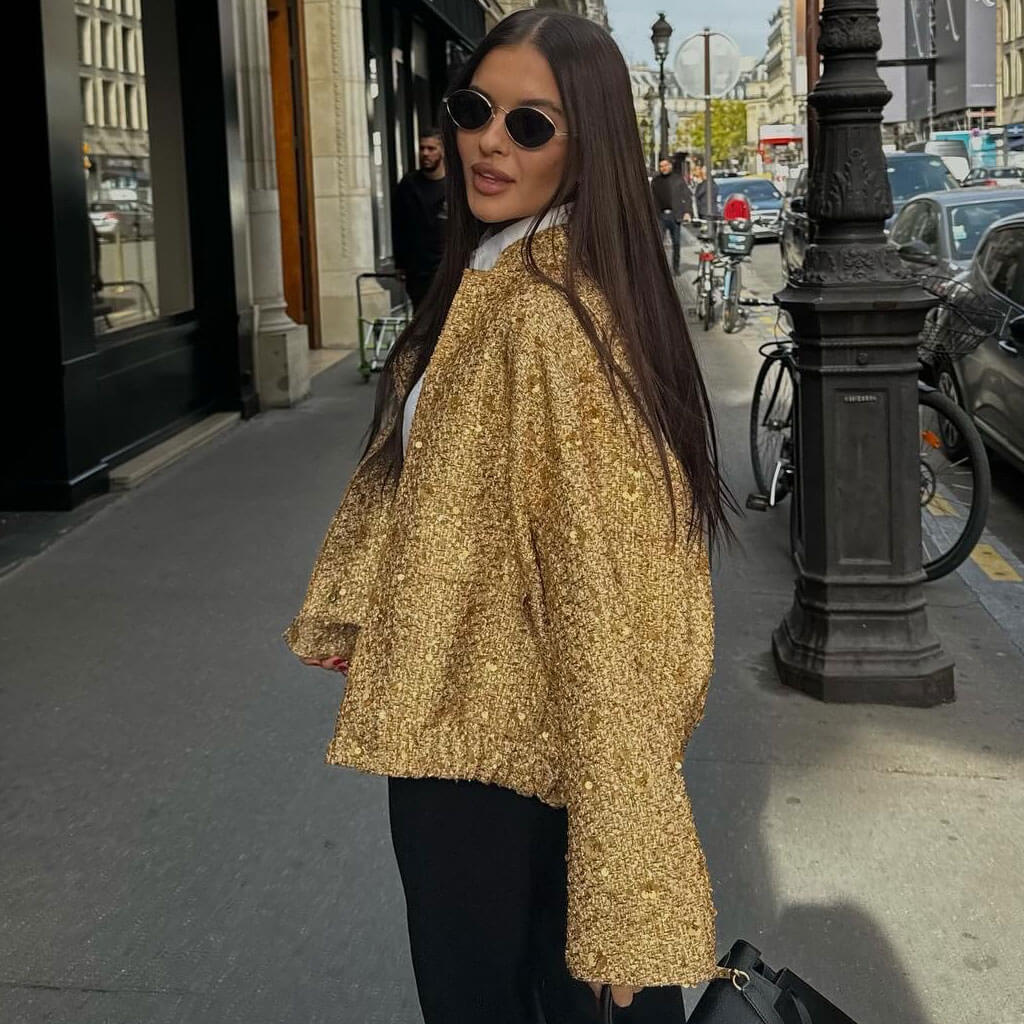 Luminous Lurex Sequin Embellished High Neck Cargo Pocket Oversized Jacket - Image 4