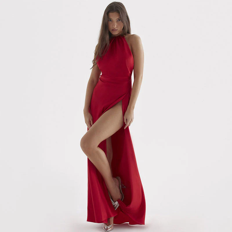 Lustrous Satin Halter Neck High Slit Self Tie Backless Maxi Dress - Red - Image 3