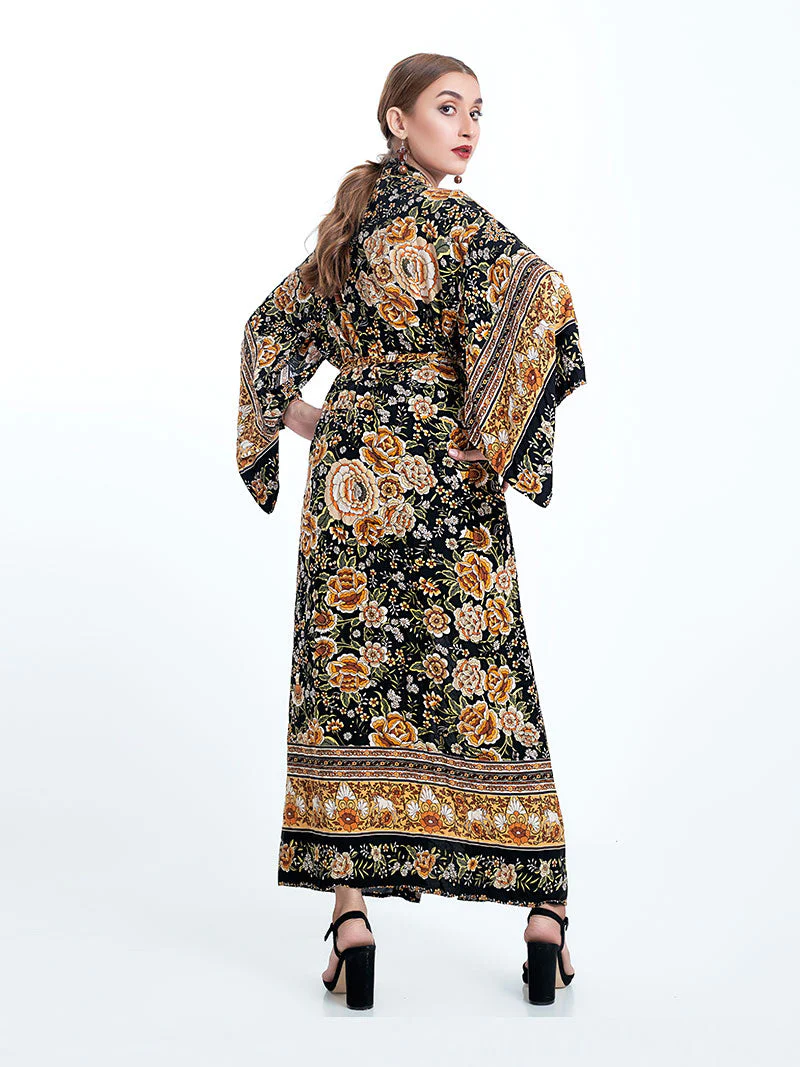 Partywear Floral Print Black Color Cotton Long Length Gown Kimono Duster Robe - Image 2