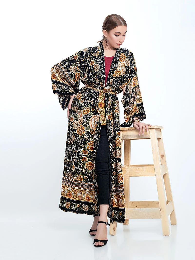 Partywear Floral Print Black Color Cotton Long Length Gown Kimono Duster Robe - Image 4