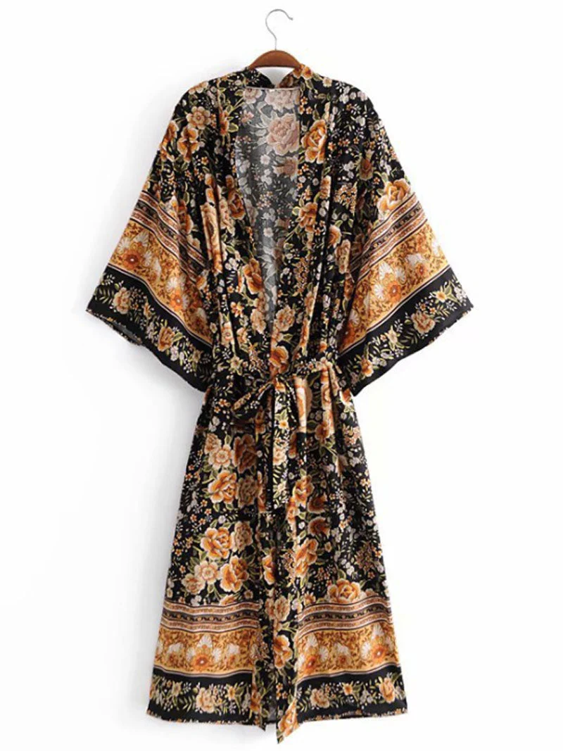 Partywear Floral Print Black Color Cotton Long Length Gown Kimono Duster Robe - Image 6