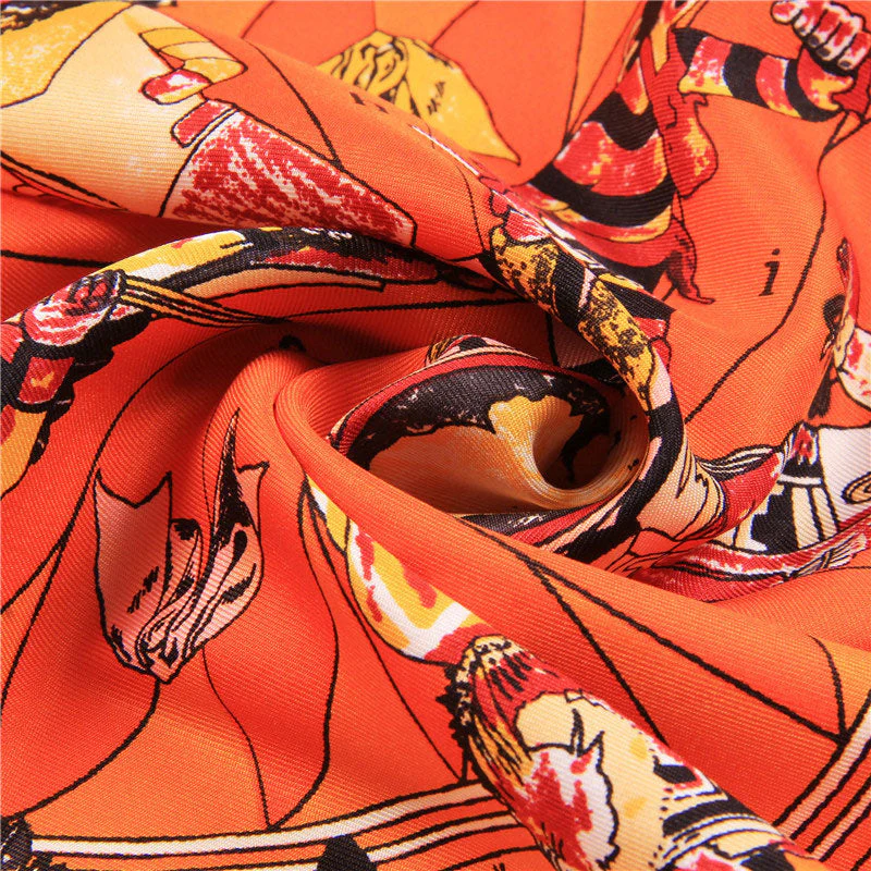 Luxuriant Printed Hand-Made Edge Square Silk Twill Scarf - Orange - Image 2