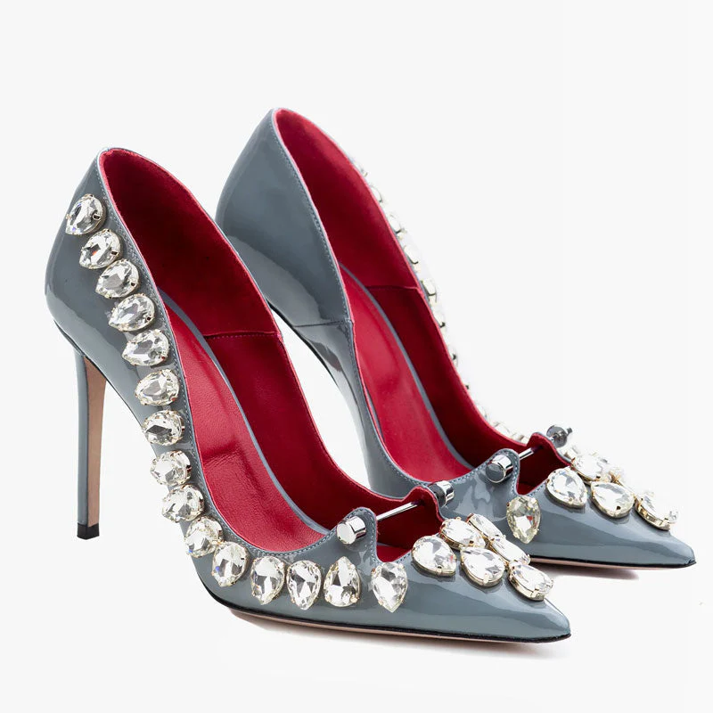 Luxurious Gem Silver Hardware Patent Leather Pointed Toe Stiletto Pumps - Dusty Blue - Image 4