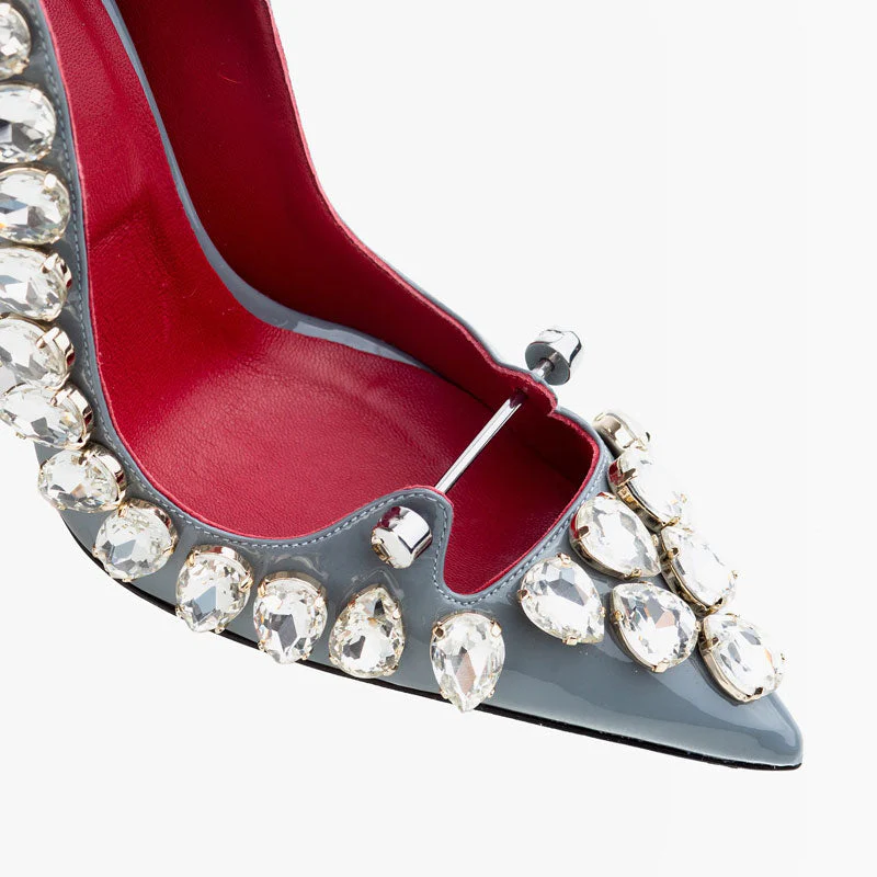 Luxurious Gem Silver Hardware Patent Leather Pointed Toe Stiletto Pumps - Dusty Blue - Image 6