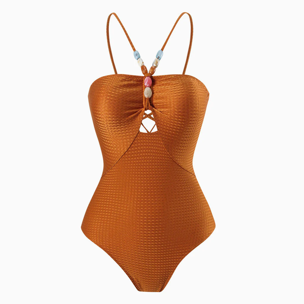 Luxurious Metallic Textured Cut Out Lace Up Back Beaded V Neck One Piece Swimsuit - Image 2