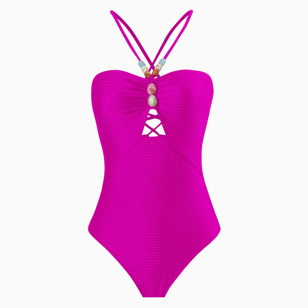 Luxurious Metallic Textured Cut Out Lace Up Back Beaded V Neck One Piece Swimsuit - Image 8