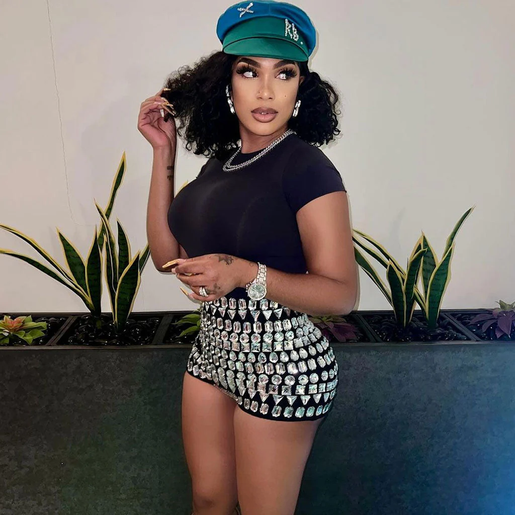 Luxurious Rhinestone Decor Zip Back High Waist Bandage Booty Shorts - Image 2
