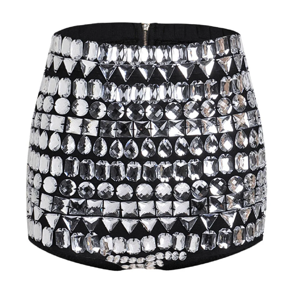 Luxurious Rhinestone Decor Zip Back High Waist Bandage Booty Shorts - Image 4