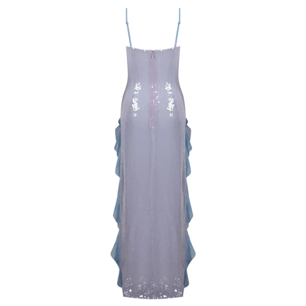 Luxurious Rosette Corsage Ruffle Thigh Split Mermaid Effect Sheer Sequined Dress - Image 7