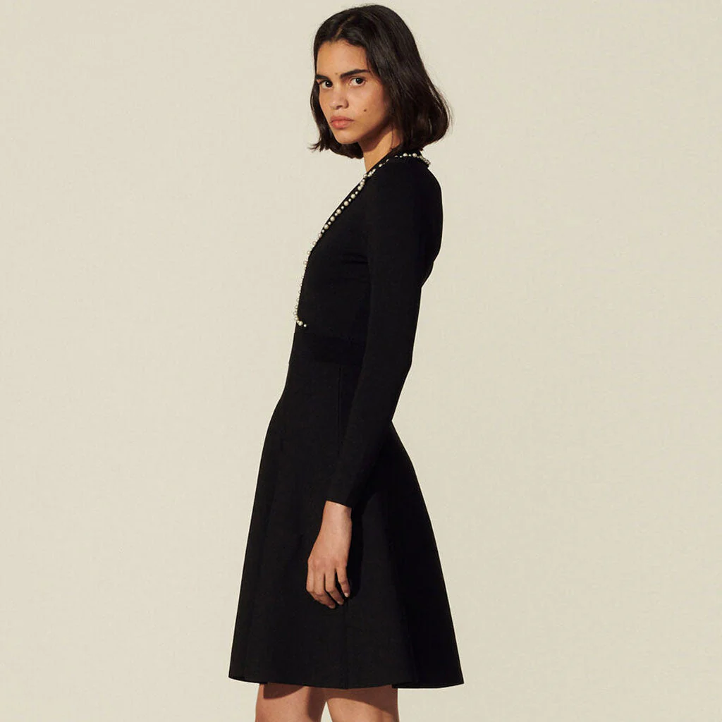 Luxury Beaded Collar Long Sleeve Knit Sweater Mini Dress - Black - Image 3