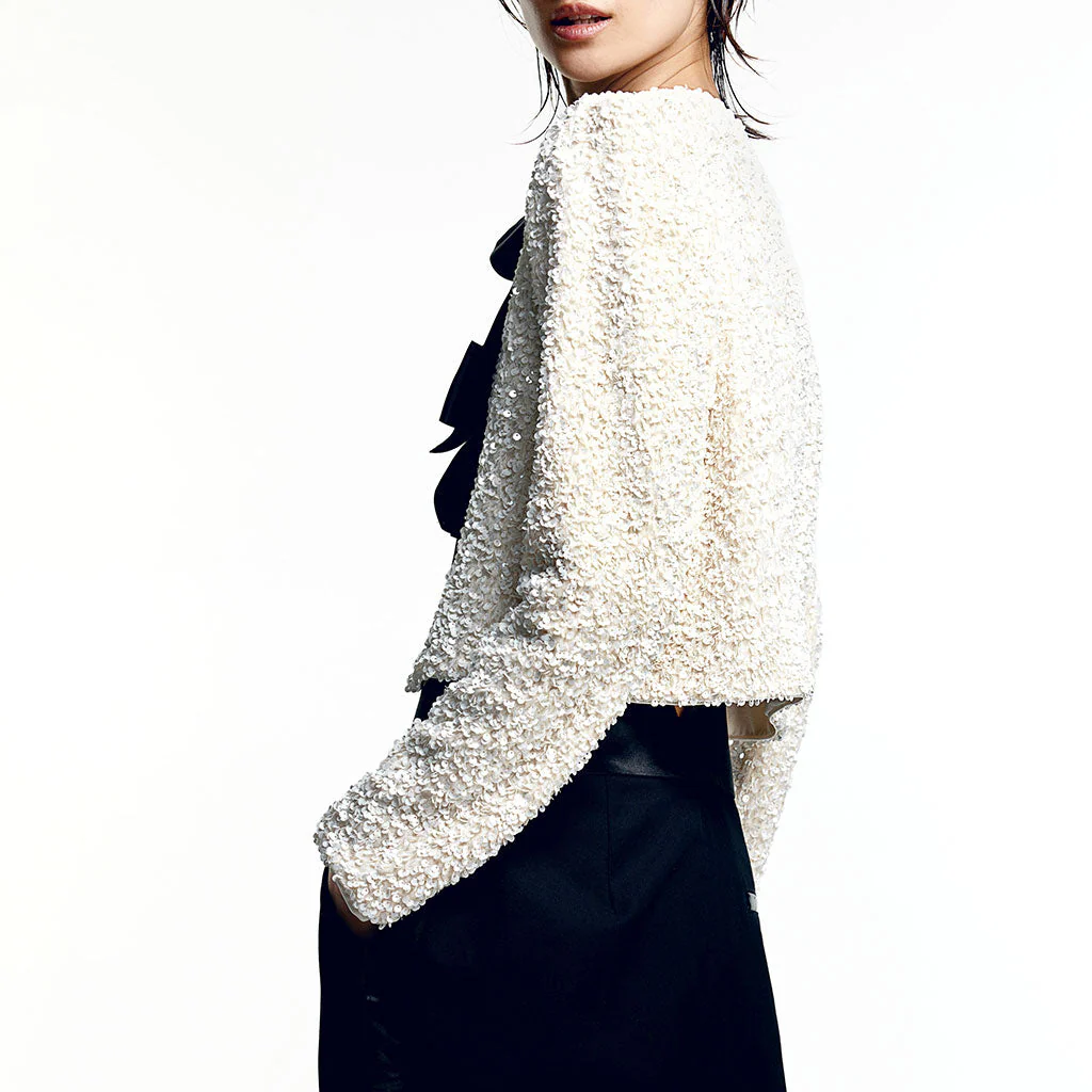 Luxury Big Bow Tie Crew Neck Long Sleeve Sequin Velvet Crop Jacket - Image 2