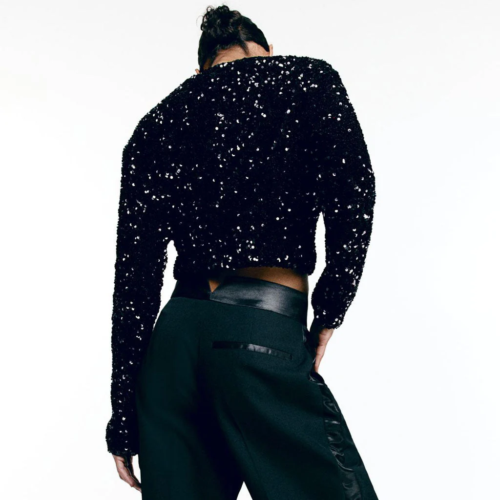 Luxury Big Bow Tie Crew Neck Long Sleeve Sequin Velvet Crop Jacket - Image 4