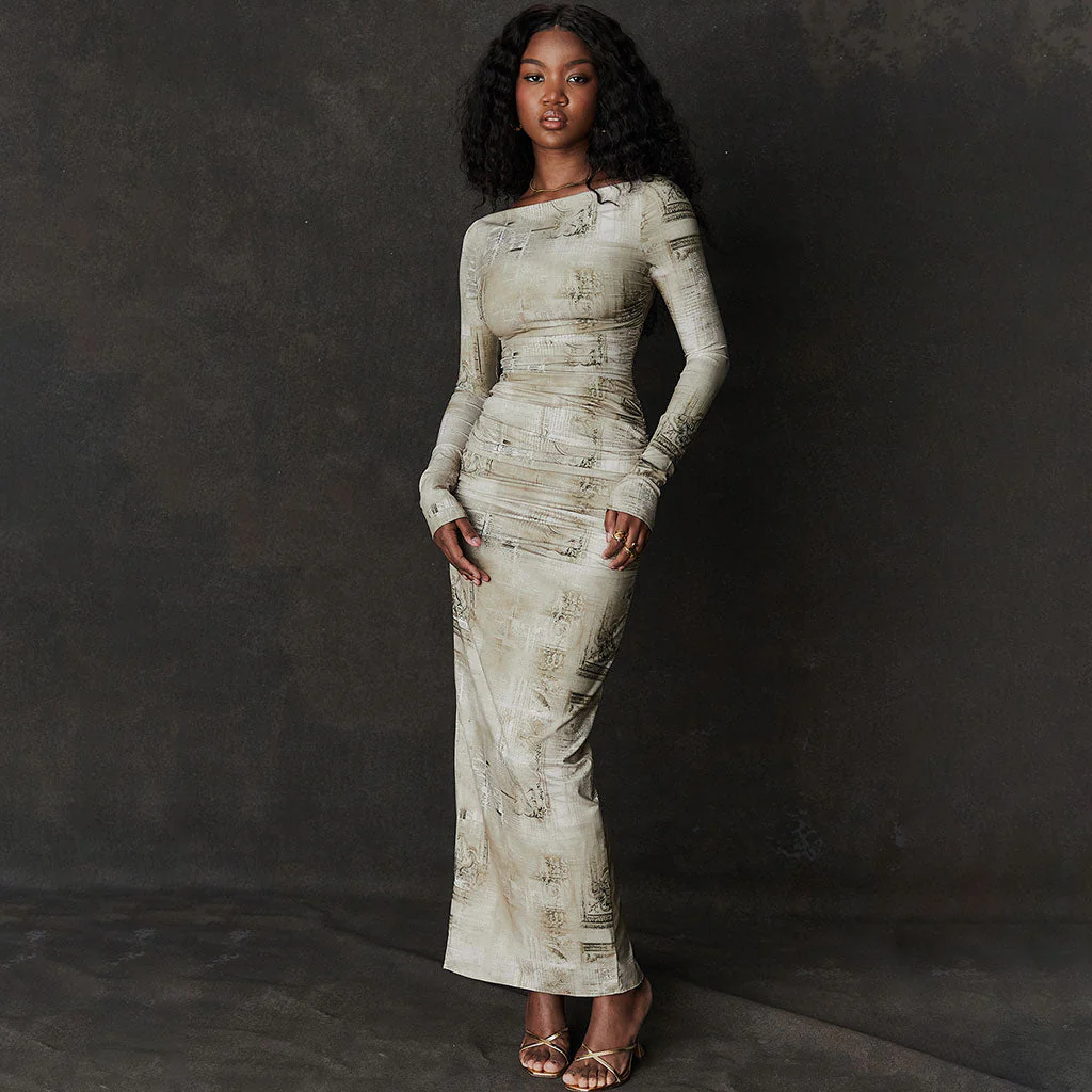Luxury Boat Neck Ruched Bodycon Split Long Sleeve Blurry Printed Maxi Dress - Image 5